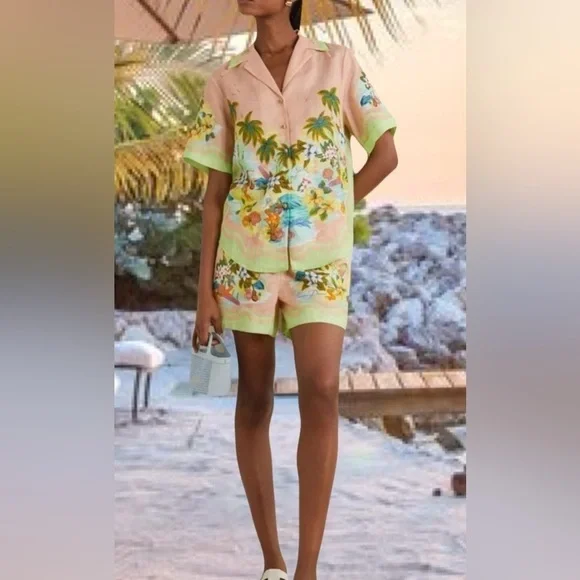 Cocomo Island Loose Fit Casual Shorts Set Single-Breasted Tropical Top - Picture 5 of 16